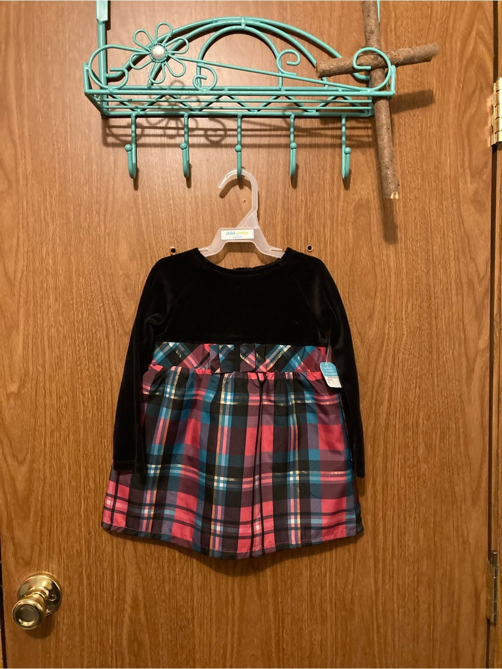 Healthtex Black Velvet Dress with Pink and Blue Plaid Skirt